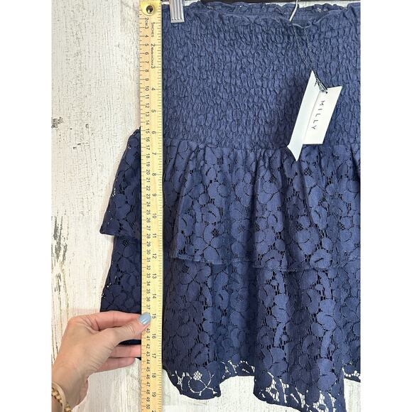 NEW MILLY Wyatt Cotton Lace Skirt 8 Navy Tiered Floral Smocked Waist Angst $325 - Picture 9 of 14